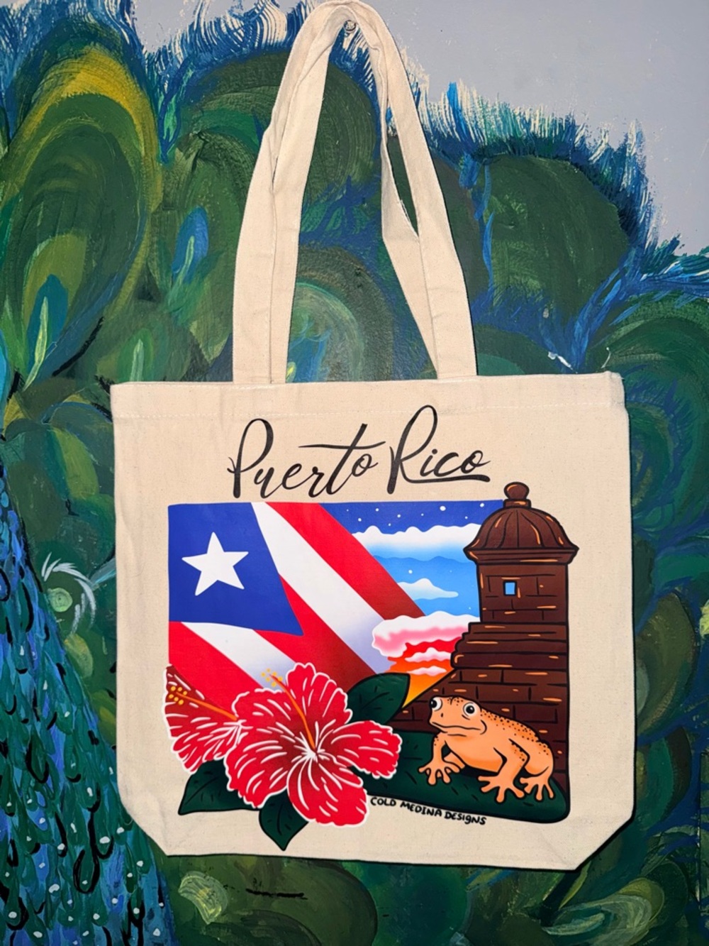 Puerto Rico Canvas Tote Bag - Cream with Red & Blue Design